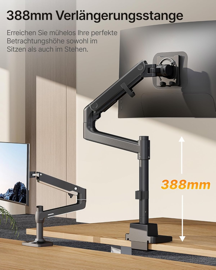 monTEK Heavy-Duty Monitorarm - 1 Monitor - [17-57" / bis 27kg] - USB-C & XXL-Mittelstange